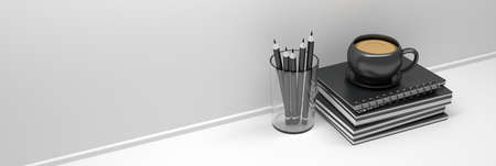 Wide banner with office supplies pencils, notebooks, coffee and copy blank space. 3d illustration.