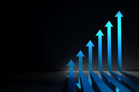 Blue glowing arrows pointing up on black background. Image with copy blank space. 3d illustration.の写真素材