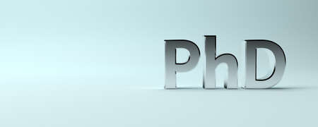 Wide banner with large bold letters PhD abbreviation of doctor of philosophy on blue background. 3d illustration.の写真素材