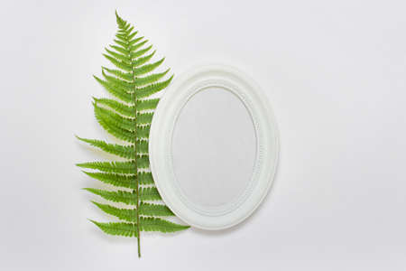 Mockup template with vertical oval frame and green fern leaf on white background.