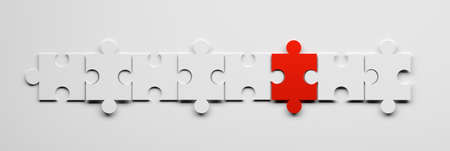 Wide web banner with a row of white puzzles and one red piece. 3d illustration.の写真素材