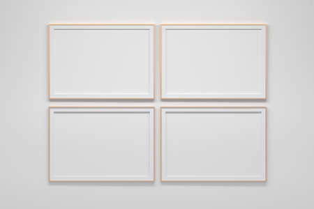 Mockup template with four horizontal A4 frames on white wall. 3d illustration.