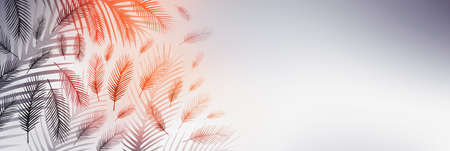 Wide web banner with feathers colored with liquid gradient in vibrant orange colors. Image copy...