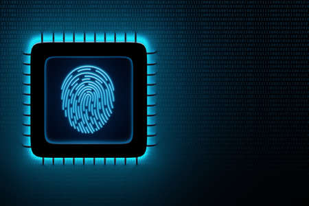 Cyber security, identity verification consept - large glowing blue finger print on chip sensor. 3d...