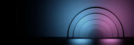 Wide banner with circles illuminated by pink blue light. 3d illustration.の写真素材