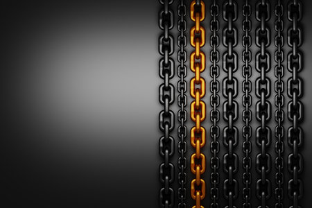 Collection of various size chains black and one golden on black background. 3d illustration.の写真素材