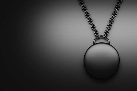 Abstract black background with hanging round metal on chains. 3d illustration.の写真素材