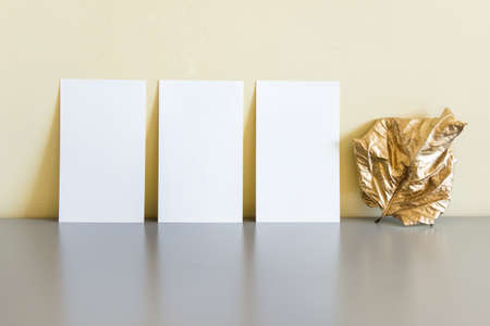Composition with three cards and golden dry leaf standing on gray reflective surface.の写真素材