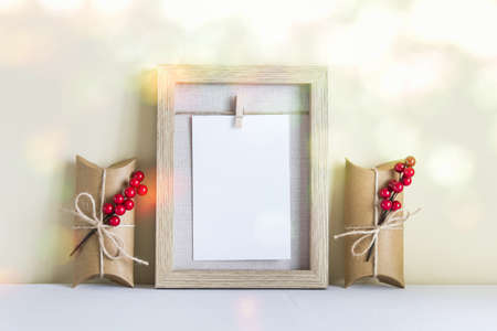 Christmas, New Year frame mockup template with Christmas packed gifts.の写真素材