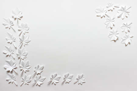 White background with white paper folded origami maple leaves arranged in corners. Image with copy blank space.の写真素材