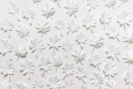 Autumn white pattern with handmade white origami maple leaves on white background.