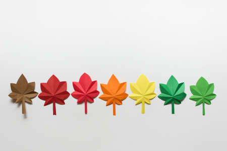 Simple background with a row of colorful paper folded origami maple leaves arranged according color scheme. Image with copy blank space.の写真素材