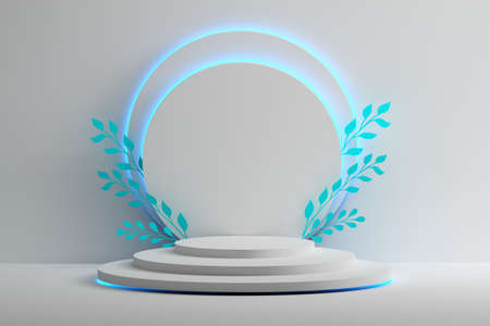 Geometric composition with white pedestals for product presentation in white color with floral...