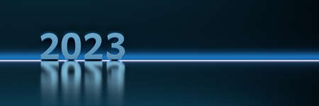 Greeting wide banner with 2023 futuristic glowing numbers on dark black background. 3d illustration.