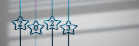 Wide banner with festive large blue stars and year 2023 number. 3d illustration.の写真素材