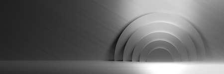Wide banner in gray chrome color with circular shapes and copy space. 3d illustration.の写真素材