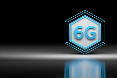 Illustration for 6g communication technology with large blue hexagon on black background. 3d render.の写真素材