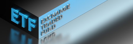Wide banner with bussiness financial term ETF for Exchange Traded Fund in dark blue colors with copy blank space. 3d render.の写真素材