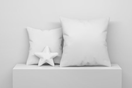 Simple mockup template with two white blank pillows and star. 3d render.の写真素材