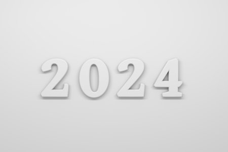 Simple white greeting card with year 2024 numbers on white background. 3d render.