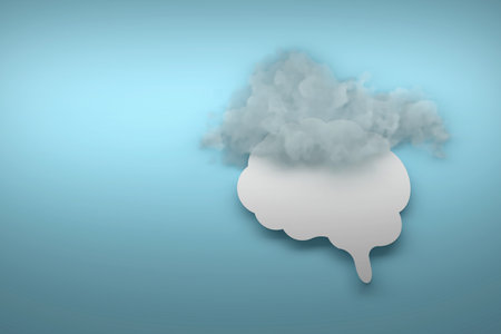Mental brain fog illustration with human brain outline with realistic cloud on blue background. 3d render.の写真素材