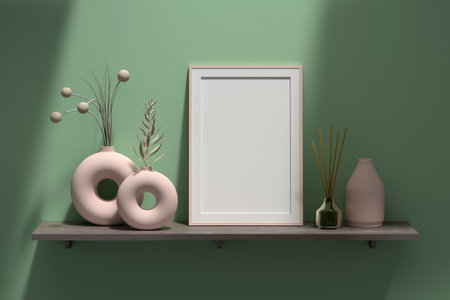 Mockup template with blank A4 frame, decorative porcelein vases on wooden shelf next to green wall. 3d render.の写真素材