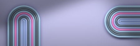 Abstract wide banner with rainbow shaped geometric curved tubes in purple colors. Image with copy blank space. 3d render.の写真素材