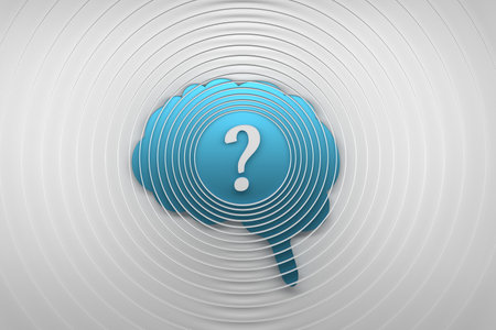 Concept illustration with one large blue brain with circualr lines and question mark on white background. 3d render.の写真素材