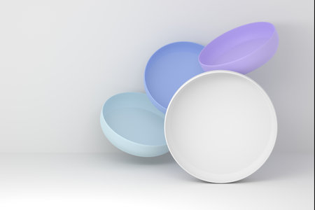 Mockup template with four plates and one large white plate with blank surface. Image with copy blank space. 3d render.の写真素材