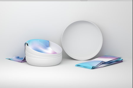 Plates Dishes mockup template with blank surfaces and colored towels. 3d render.の写真素材