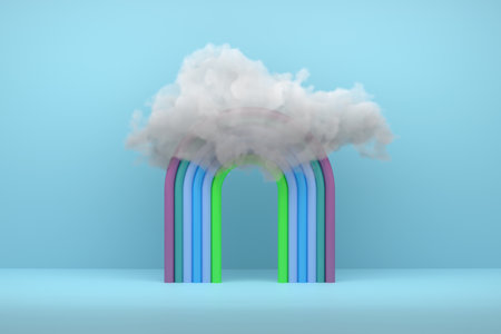 Creative composition with rainbow and realistic cloud on blue background. 3d render.の写真素材