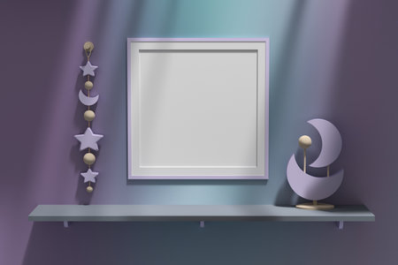 Mockup template with square blank frame, wooden moon and stars decorations next to purple wall with...