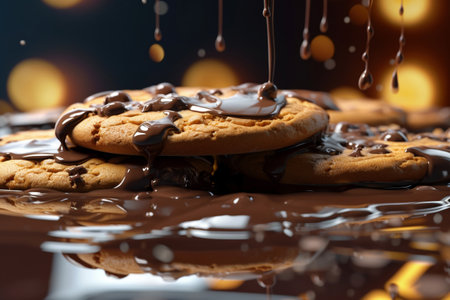 Home baked golden crispy cookies with a generous pouring of liquid chocolate in a kitchen. Indulgent, mouthwatering treats that tempt the senses. Culinary art captured in a delicious dessert scene. Generative AIの素材