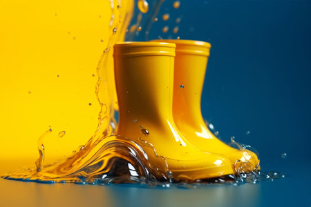 With a vibrant and playful display of blue water splashes, these yellow plastic boots provide both fashion-forward style and protection against wetness. Generative AIの素材