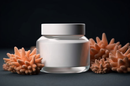 A minimalist and stylish mockup with white shiny cream jar on a orange sea coral background. Perfect for showcasing skincare and cosmetic products with a touch of luxury and elegance. Generative AI.の素材