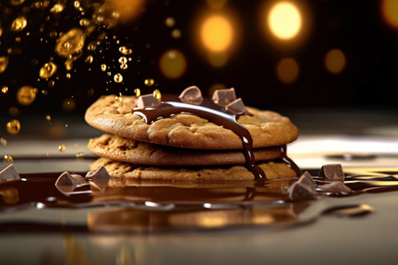 In the heart of a kitchen, witness the magic of home baked golden crispy cookies being adorned with a heavenly pouring of liquid chocolate. A tantalizing treat that epitomizes culinary excellence. Generative AIの素材