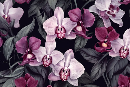 Pink tropical orchids and lush leaves on a dramatic black background, creating an exotic and artistic composition. Generative AIの素材