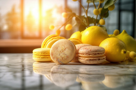 Yellow macaroons showcased with citrus vibrant yellow lemons in a bright and spacious kitchen, evoking the pleasure of confectionery. Generative AIの素材