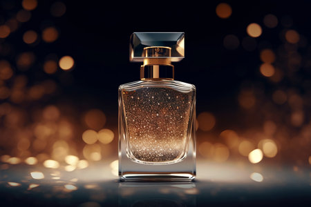 Stylish Elegance: Experience the allure of a golden perfume bottle, adorned with glittering accents for a touch of glamour and sophistication. Generative AIの素材