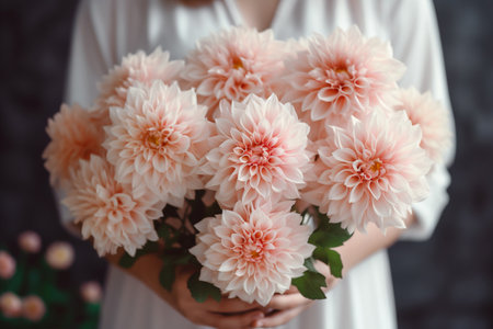 Capturing the essence of feminine grace, a woman in a white dress delicately holds a bouquet of pink dahlia flowers. This image exudes elegance, romance, and the beauty of bridal style. Generative AIの素材