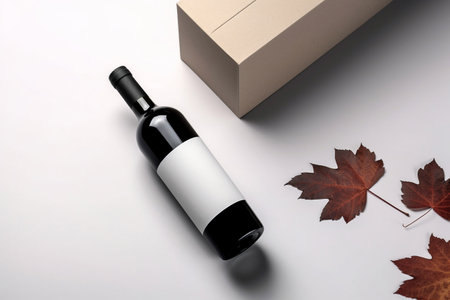 Seasonal Charm: Minimalistic Wine Bottle Mockup with Decorative Autumn Elements - Create stunning packaging designs and promotional materials with this stylish template. Generative AIの素材