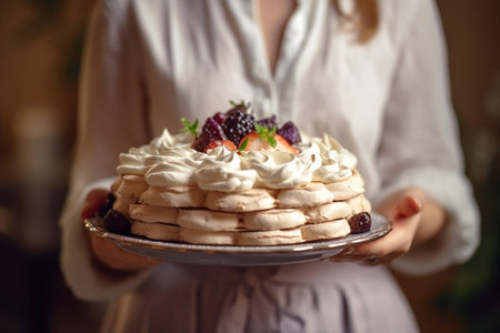 With a touch of country charm, a woman in an apron presents a plate showcasing a homemade Pavlova cake, a sweet treat adorned with whipped cream, delicate meringue, and juicy strawberries. Generative AIの素材