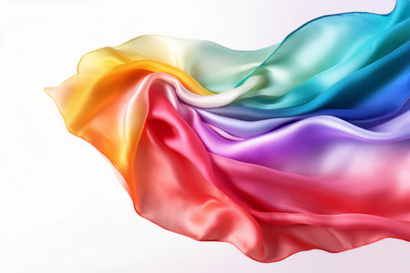 Stylish silk scarf featuring artistic folds in a vibrant colored rainbow gradient against a clean white background. Elevate your fashion game with this trendy accessory. Generative AIの素材