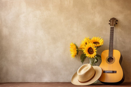 A composition featuring a summer sun hat, sunflowers, and guitar standing on the floor against beige yellow wall. Generative AIの素材