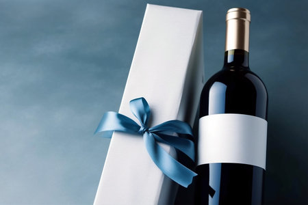 Mockup template, flat lay, with dark glass wine bottle and white gift box with blue ribbon on blue background. Generative AIの素材