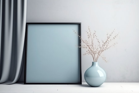 Mockup template with square black blank frame with blue vase next to blue curtain on blue background. Generative AIの素材