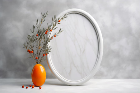 Mockup template of white blank oval frame with floral dÃ©cor â sea buckthorn branch in orange porcelain vase against gray wall with smudges. Generative AIの素材