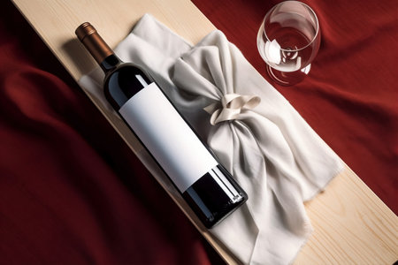 Gift mockup template, flay lay with dark glass wine bottle with blank label, fabric cloth, glass on wooden board and brown red table cloth. Generative AIの素材