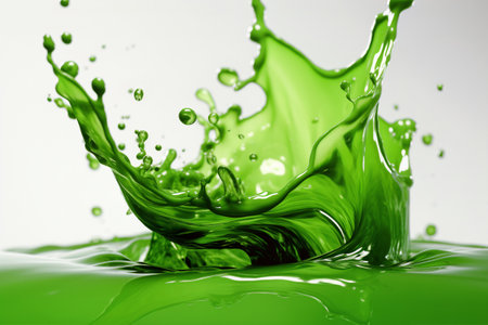 Vibrant green liquid splashes in a captivating abstract composition on a white background. An energetic display of motion and fluidity. Generative AIの素材