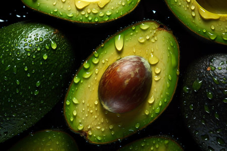 Closeup of juicy sliced avocado pattern with water droplets. Generative AIの素材